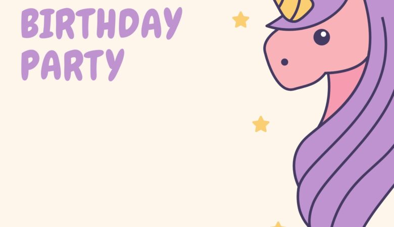 3 Cream and Purple Cute Unicorn Invitation
