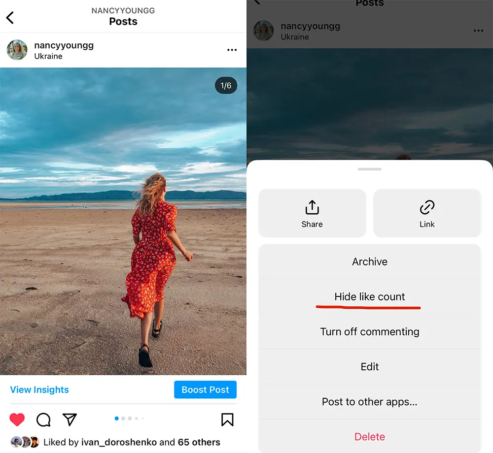 hide likes on existing instagram post