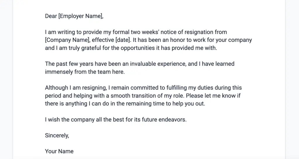 template 2 two weeks notice letter