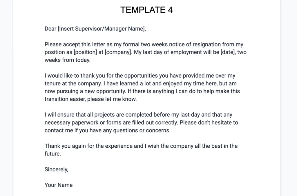template 4 two weeks notice letter