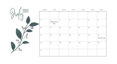 simple floral july calendar 2023