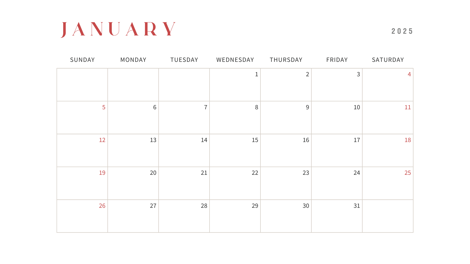 12 Basic Printable January 2025 Calendar